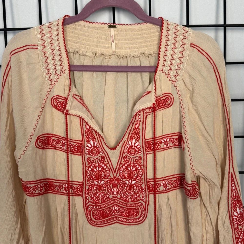 Free People Wind Willow Dress Women Small Beige Red Embroidered Boho Peasant